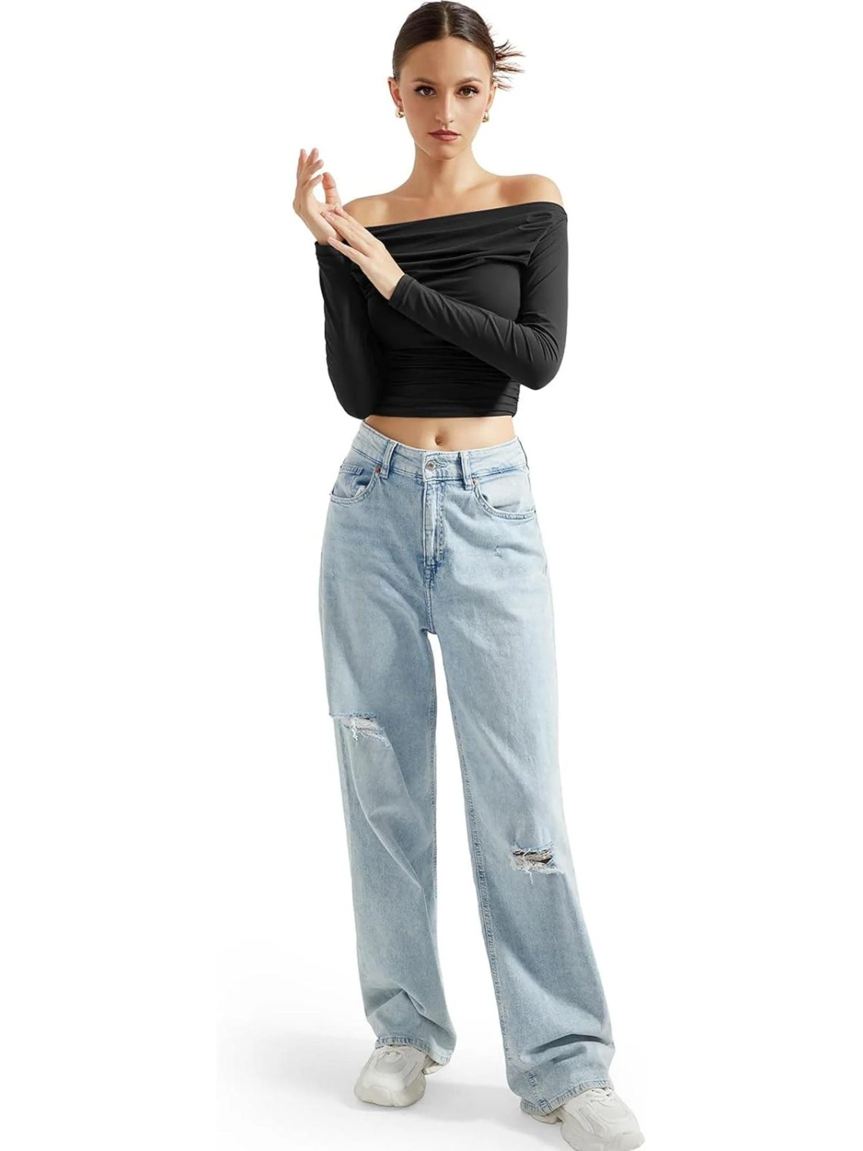 Buttery Soft Ruched Off Shoulder Shirt - Long Sleeve - Image 3